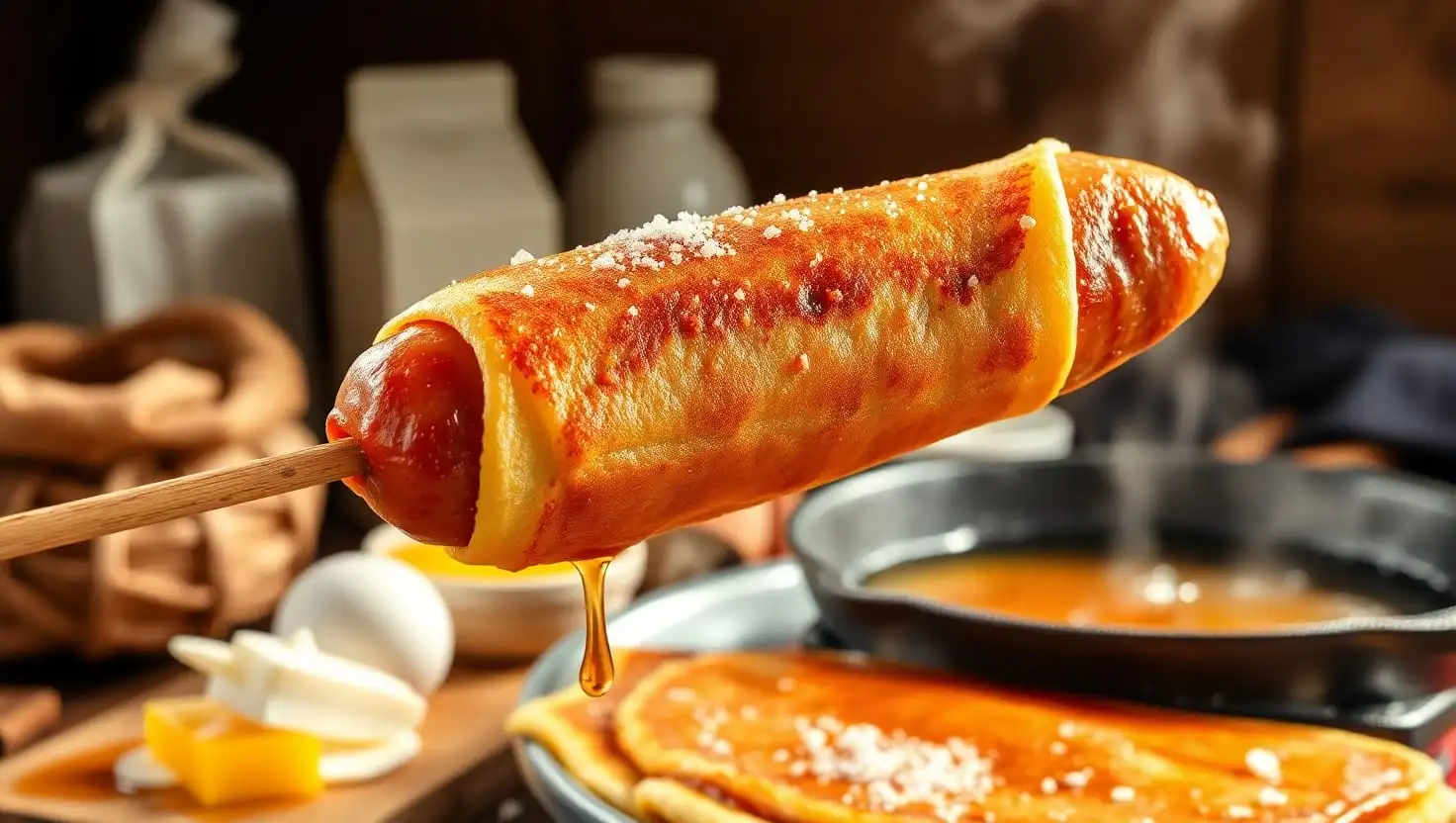 Three golden pancake sausages on sticks arranged in a jar, paired with a bowl of syrup for dipping.