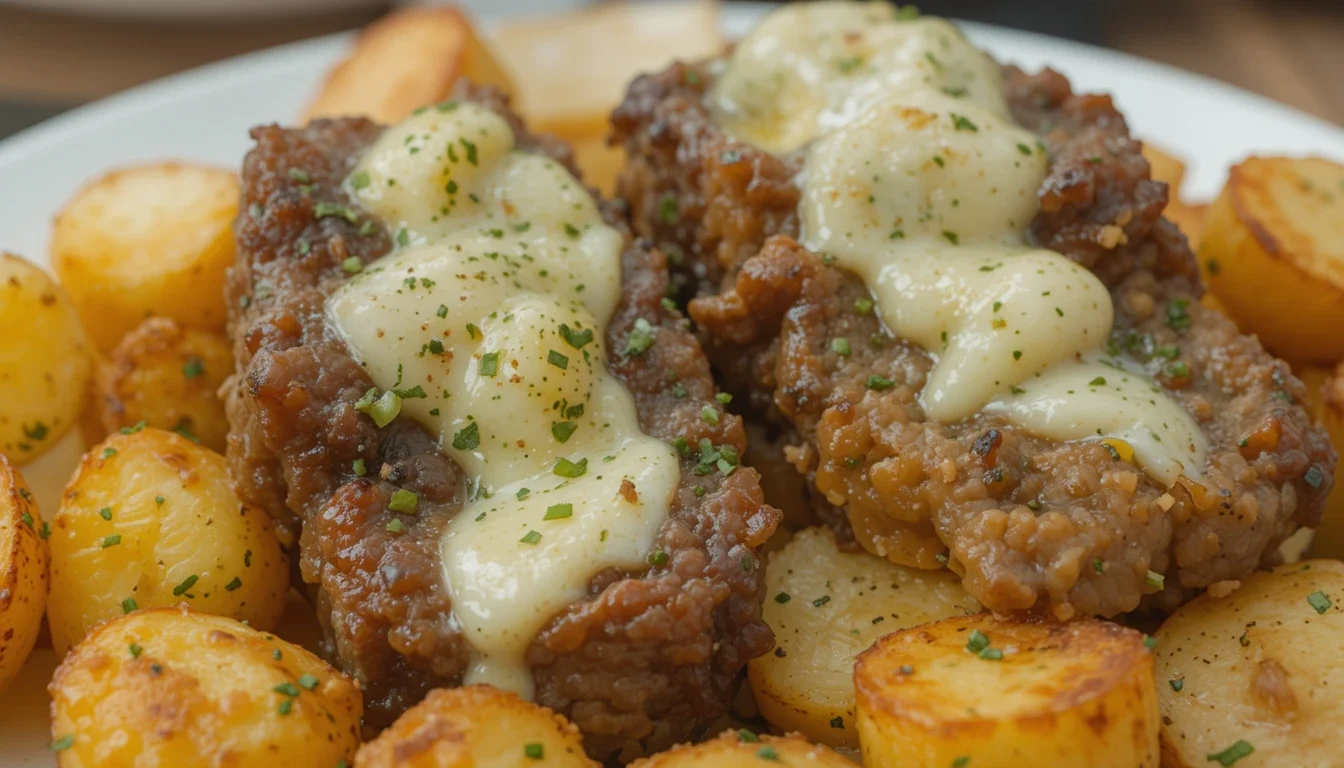 Garlic Butter Steak Bites and Potatoes: Your New Favorite Dinner 5 steak bites searing in skillet with garlic butter