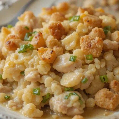 Quick Chicken And Stuffing Casserole That Everyone Will Love 2 Close-up of chicken and stuffing casserole showing crispy topping and creamy chicken filling