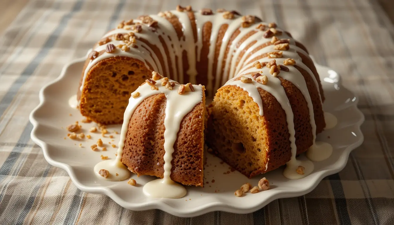 Carrot Bundt Cake Recipe – The Ultimate Sweet and Spiced Treat 1 Carrot bundt cake topped with cream cheese glaze and chopped pecans