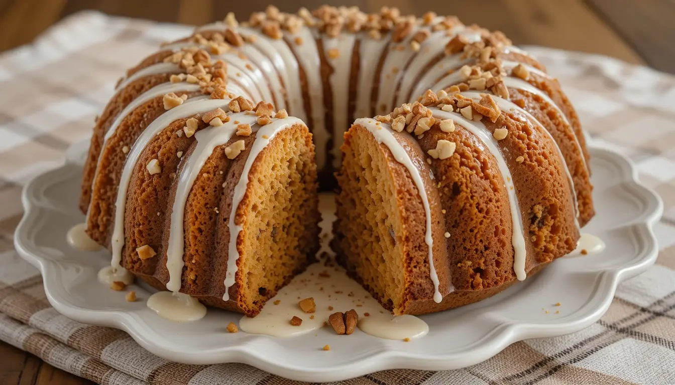 Carrot Bundt Cake Recipe – The Ultimate Sweet and Spiced Treat 2 Sliced carrot bundt cake on a plate with cream cheese frosting
