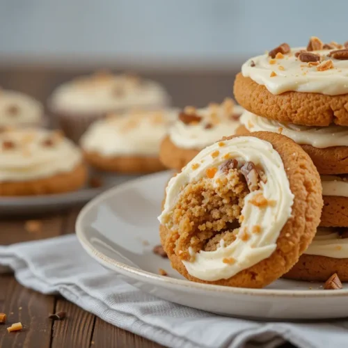 Carrot Cake Cookies Recipe That’s Soft, Spiced, And Topped With A Creamy Surprise 2 Carrot cake cookies on a recipe card with ingredients and steps visible