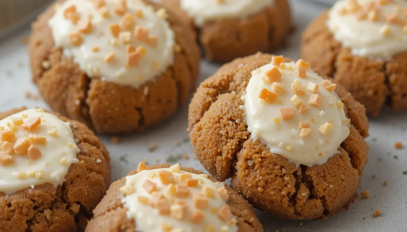 Carrot Cake Cookies Recipe That’s Soft, Spiced, And Topped With A Creamy Surprise 5 Freshly baked carrot cake cookies cooling on a tray with parchment and frosting