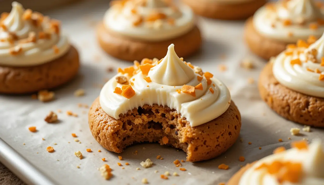 Carrot cake cookies with cream cheese frosting and chopped nuts on parchment paper