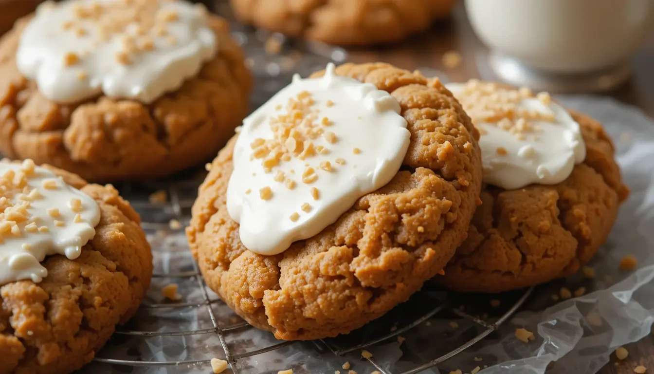 Carrot Cake Cookies Recipe That’s Soft, Spiced, And Topped With A Creamy Surprise 4 Stack of carrot cake cookies on a dessert plate with frosting and shredded carrot