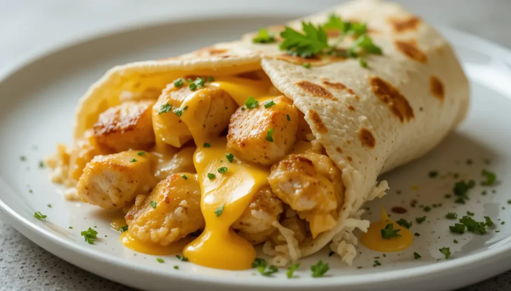 Cheesy garlic chicken wraps with golden melted cheese and parsley on a white plate