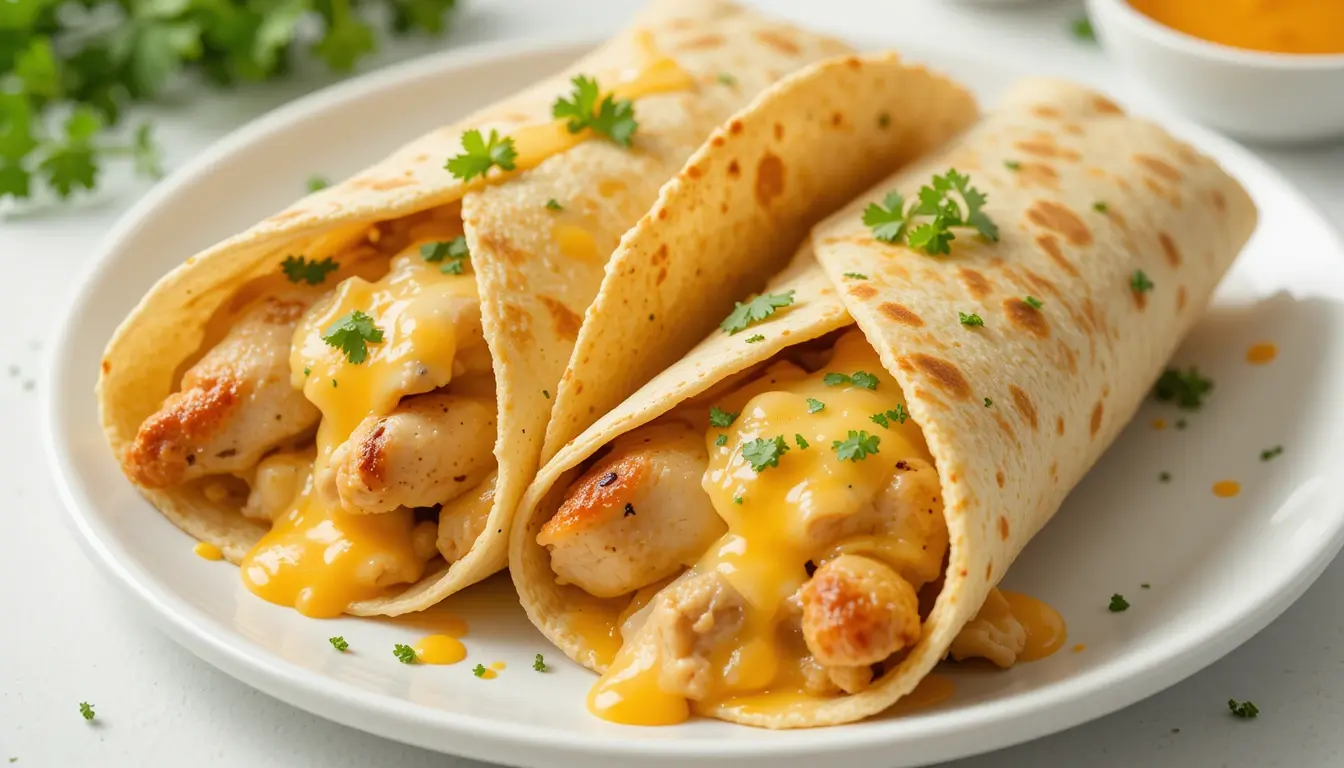 Cheesy Garlic Chicken Wrap Recipe – Crispy, Comforting, and So Easy 5 Cheesy garlic chicken wraps filled with grilled chicken and melted cheddar cheese, garnished with parsley