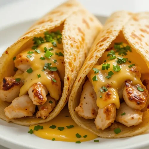 Cheesy Garlic Chicken Wrap Recipe – Crispy, Comforting, and So Easy 2 Grilled cheesy garlic chicken wraps with golden brown tortillas and melted cheese, garnished with parsley