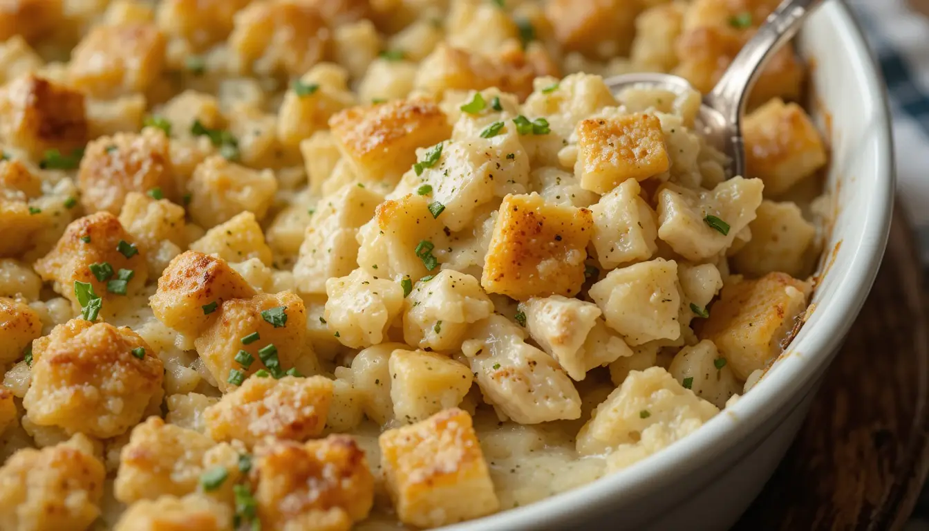 Quick Chicken And Stuffing Casserole That Everyone Will Love 4 Single serving of chicken and stuffing casserole on a white plate with parsley and gravy drizzle