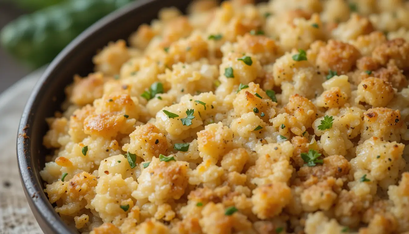 Quick Chicken And Stuffing Casserole That Everyone Will Love 1 Chicken and stuffing casserole baked in a white ceramic dish with golden stuffing topping and parsley garnish