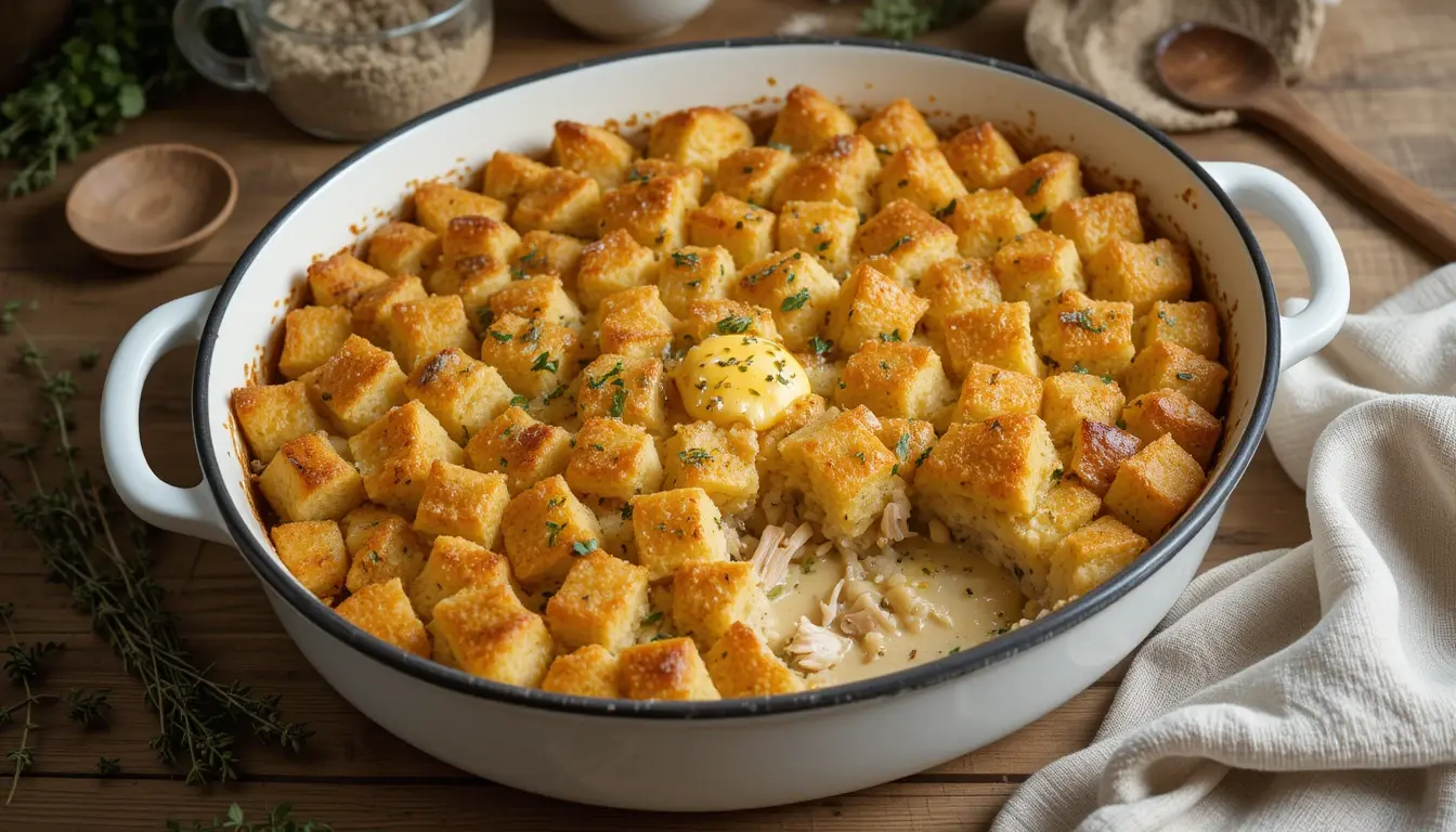 Fall In Love With This Creamy Dolly’s Chicken And Stuffing Casserole 5 Plated serving of Dolly’s chicken and stuffing casserole