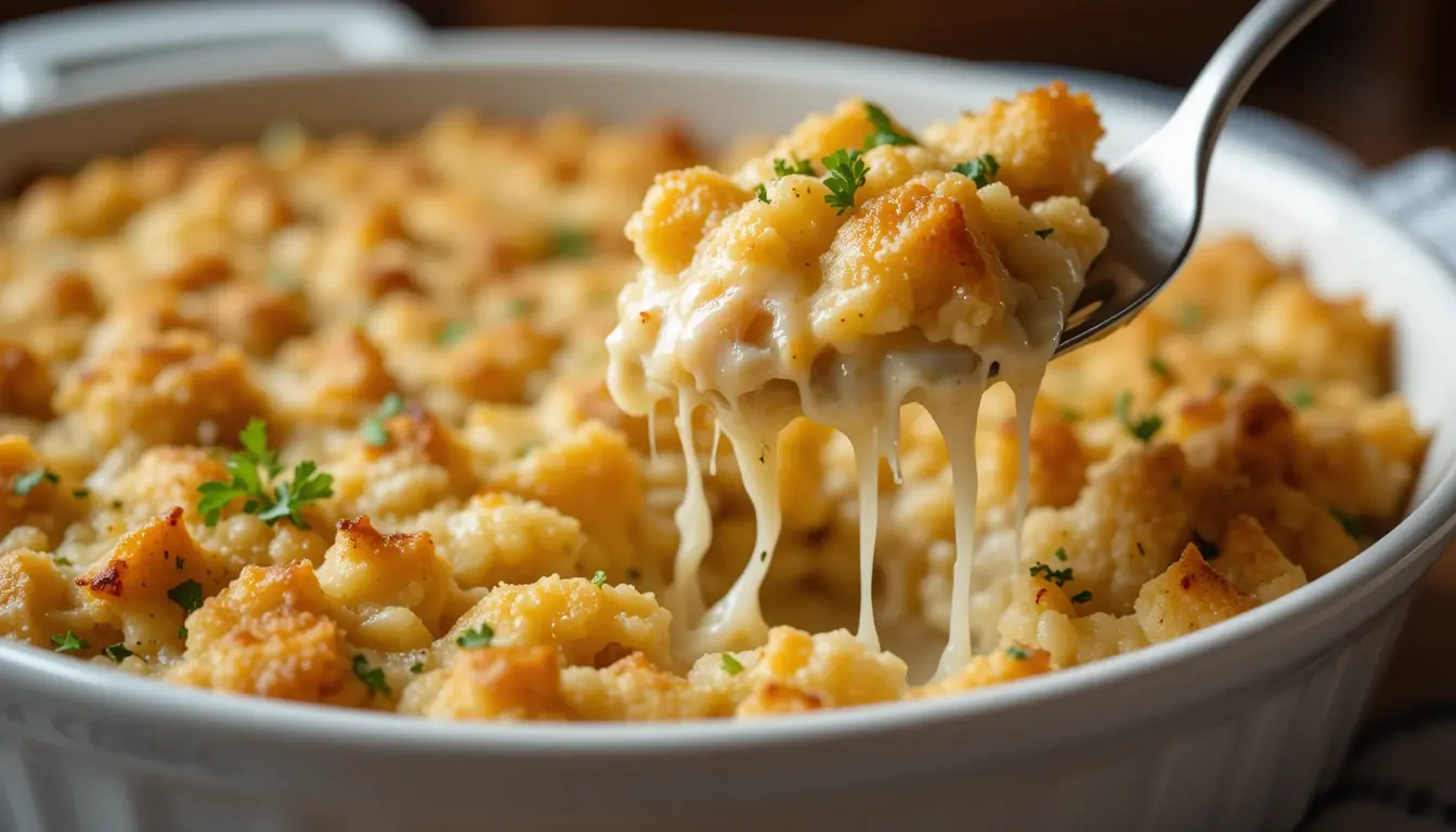 Fall In Love With This Creamy Dolly’s Chicken And Stuffing Casserole 1 Dolly’s chicken and stuffing casserole in baking dish