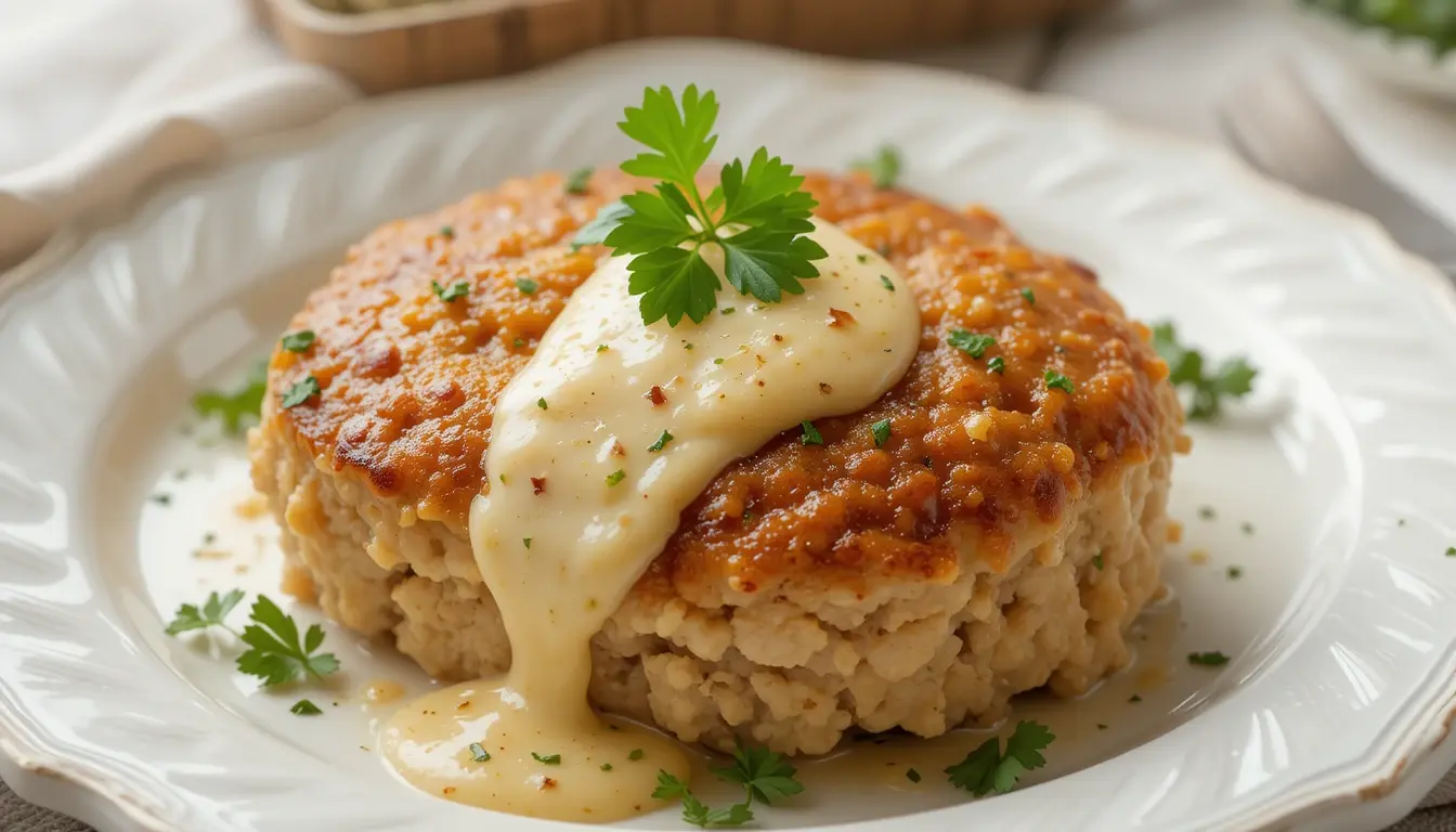 Garlic Parmesan Chicken Meatloaves: Stunning Mini Comfort With A Twist 6 Garlic parmesan chicken meatloaves plated with cream sauce