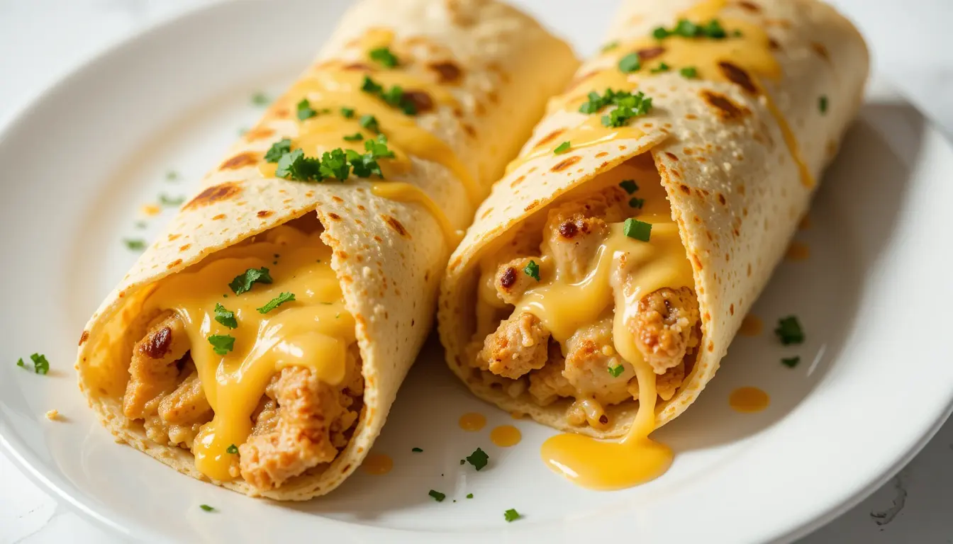 Cheesy Garlic Chicken Wrap Recipe – Crispy, Comforting, and So Easy 4 Open cheesy garlic chicken wrap with cheddar cheese sauce oozing from inside, on white plate