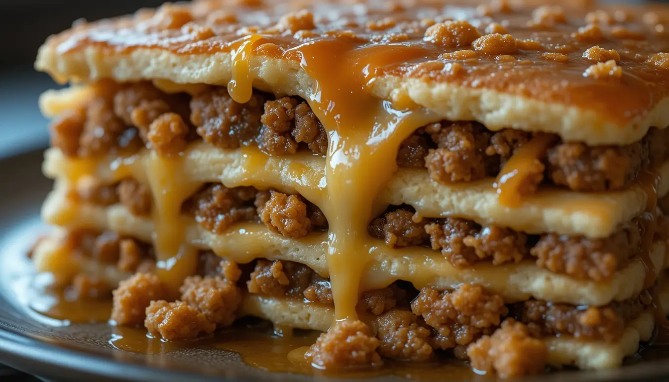 Pancake sausage casserole freshly baked in ceramic dish