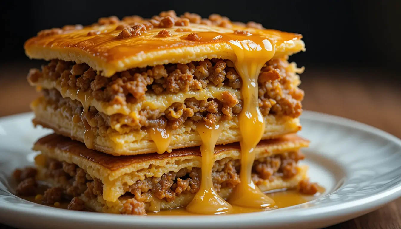 Pancake Sausage Casserole – The Ultimate Breakfast Bake 2 Slice of pancake sausage casserole served with syrup