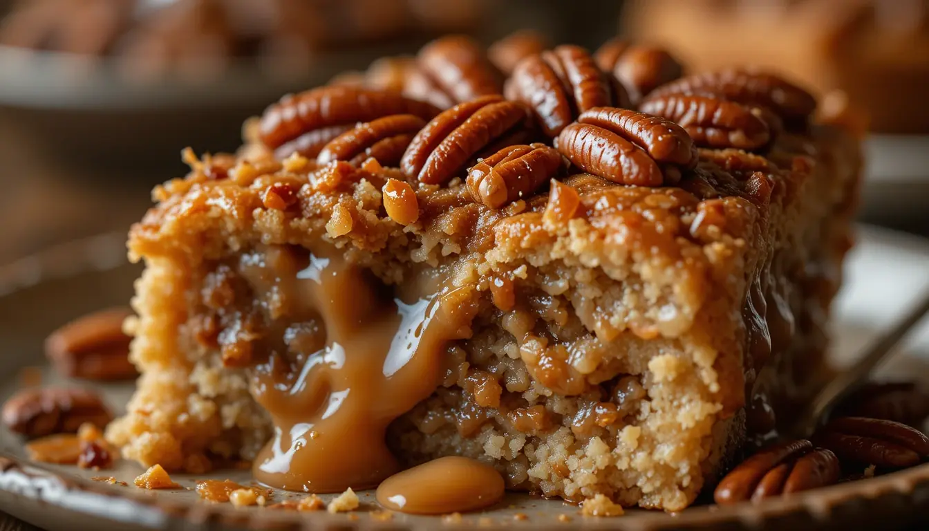 Pecan pie dump cake in cast iron skillet