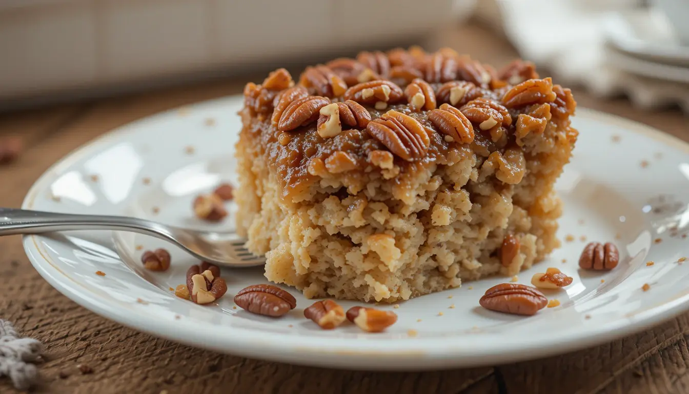 Pecan Pie Dump Cake: Southern Comfort in a Baking Dish 5 Pecan pie dump cake slice on white plate with fork