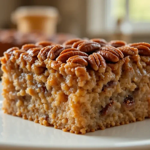 Pecan Pie Dump Cake: Southern Comfort in a Baking Dish 2 Fork lifting a slice of pecan pie dump cake from baking dish