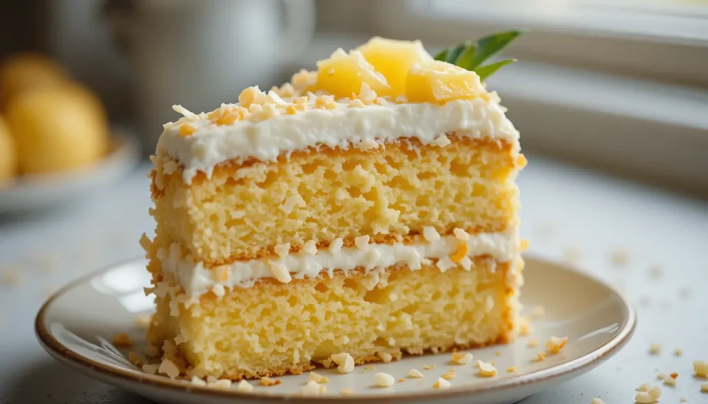 Pineapple coconut dream cake recipe topped with pineapple chunks and toasted coconut