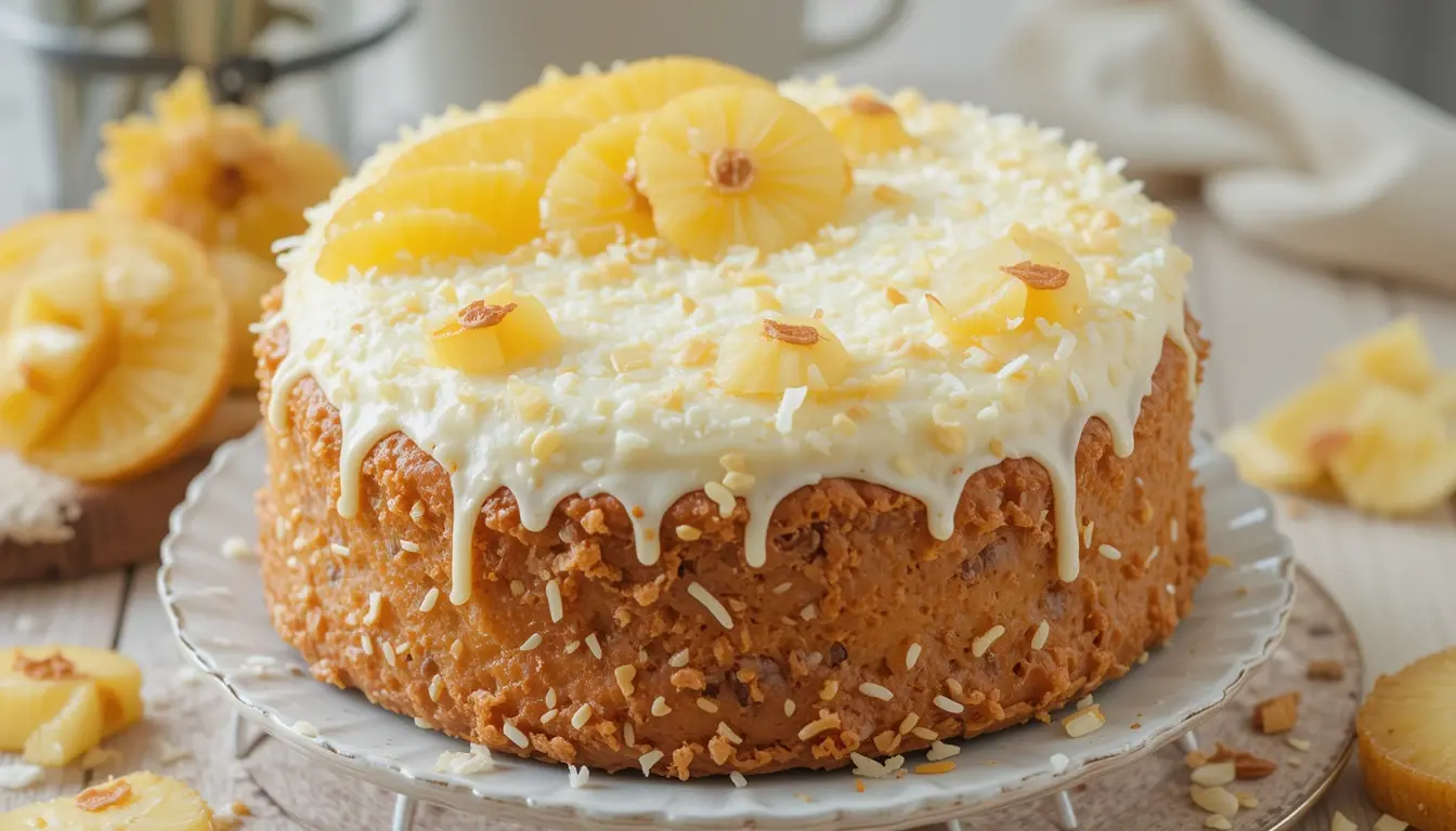 The Best Pineapple Coconut Dream Cake Recipe – Quick, Delicious & Crowd-Pleasing 4 Slice of pineapple coconut dream cake recipe with layers of whipped frosting and pineapple