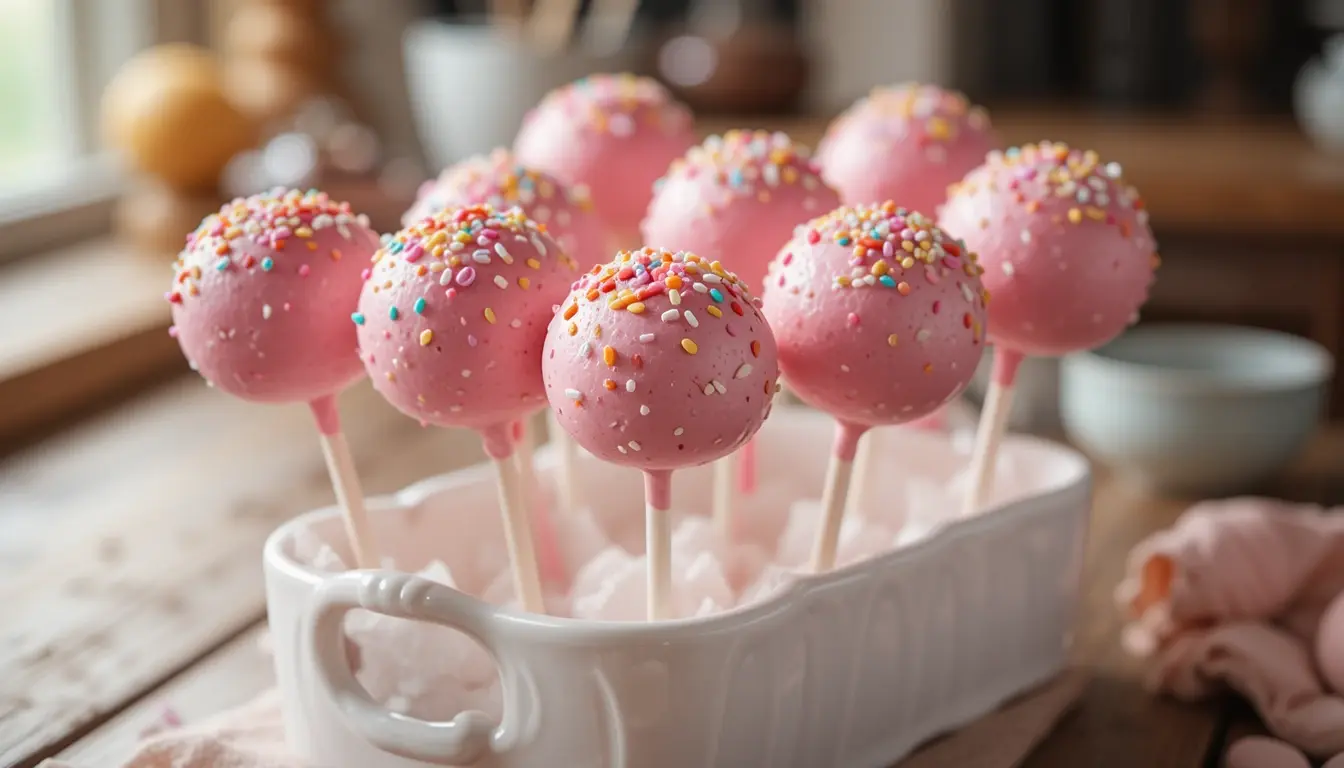 Pink cake pops on display in white ceramic holder