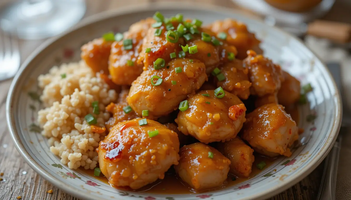Sweet and spicy honey pepper chicken glazed in sticky sauce in a black skillet