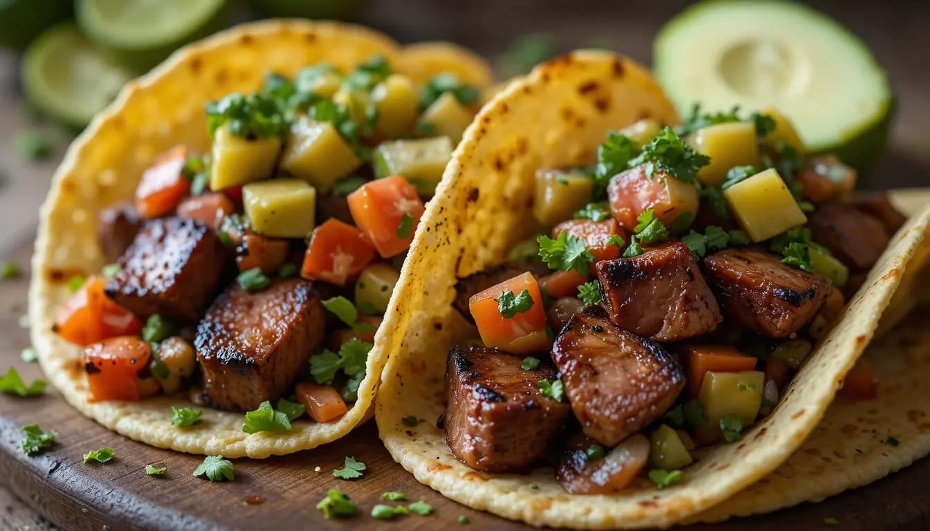Skirt Steak Tacos Made Simple – Big Flavor, Minimal Effort 4 Skirt steak tacos recipe with juicy grilled skirt steak, fresh cilantro, avocado slices, and tomatoes served in soft corn tortillas