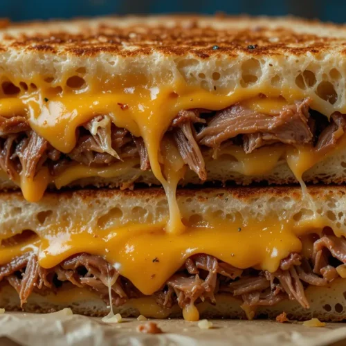 Brisket Grilled Cheese Made Easy – Melty, Smoky, Perfect 2 Brisket grilled cheese sandwich stacked with melted cheese