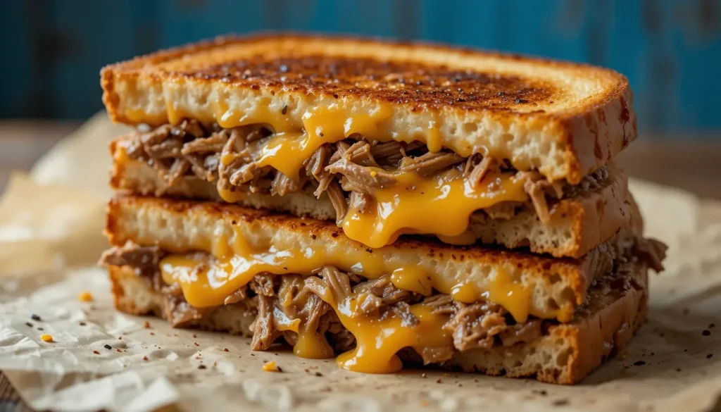 Brisket grilled cheese sandwich with melted cheese