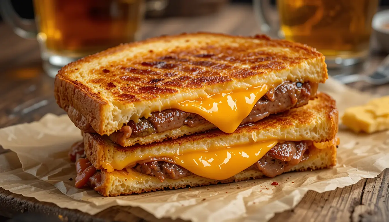 Brisket Grilled Cheese Made Easy – Melty, Smoky, Perfect 4 Brisket grilled cheese sandwich with melted cheddar and a cold drink