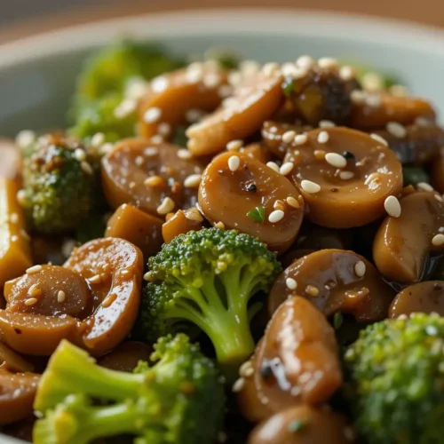 Easy Broccoli and Mushroom Stir Fry for Busy Weeknights 2 Close-up of broccoli and mushroom stir fry with sesame seeds