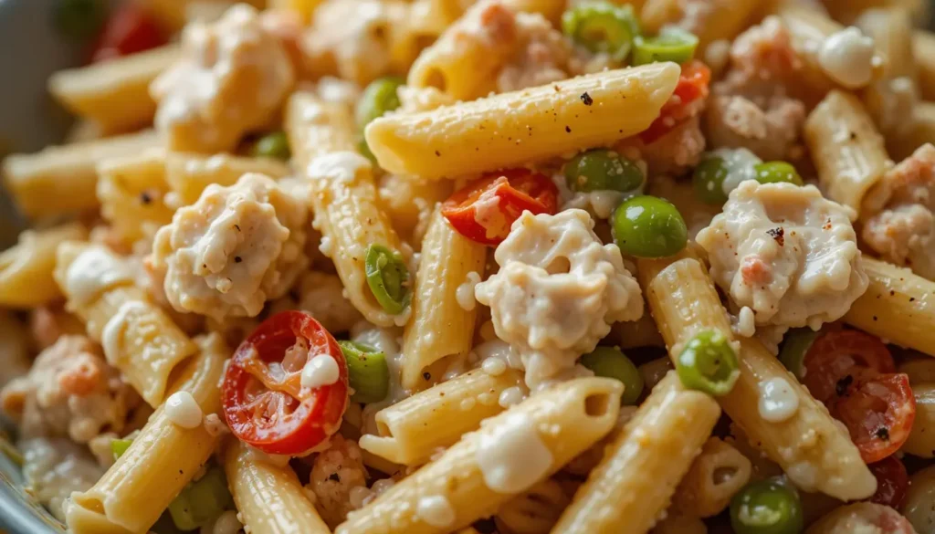 Cajun crab pasta salad in a ceramic bowl with bell peppers and crab meat