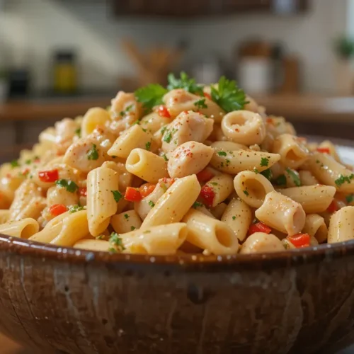 Cajun Crab Pasta Salad With Creamy Aioli And Colorful Veggies 2 A bold and colorful cajun crab pasta salad served in a rustic bowl. Made with penne pasta, sweet crab meat, and creole aioli dressing. Perfect for cookouts and family meals.