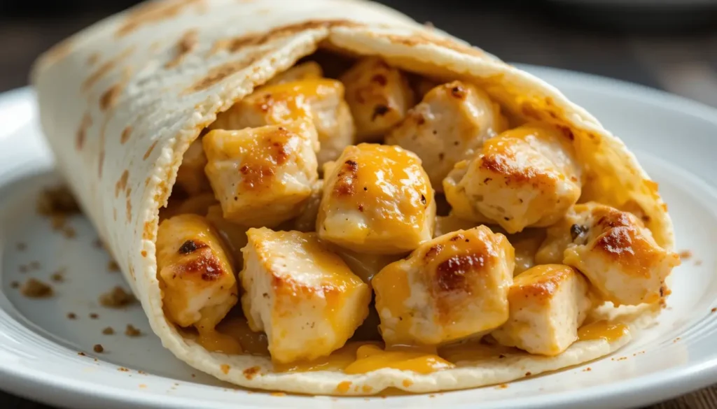 Cheesy garlic chicken wraps filled with melted cheddar and creamy garlic sauce
