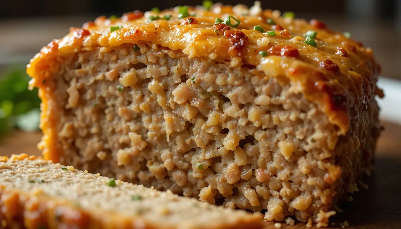 The Best Chicken Meatloaf Garlic Parmesan With Garlic-Loaded Flavor 1 Golden-baked chicken meatloaf garlic parmesan sliced on a wooden board