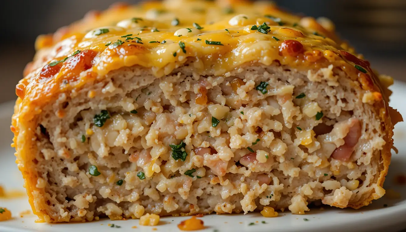 The Best Chicken Meatloaf Garlic Parmesan With Garlic-Loaded Flavor 4 Sliced chicken meatloaf garlic parmesan fresh from oven with cheesy topping