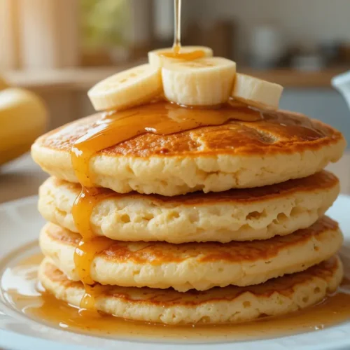 Amazing Cottage Cheese Banana Pancakes for a Wholesome Morning 2 Cottage cheese banana pancakes served with syrup, banana, and blueberries