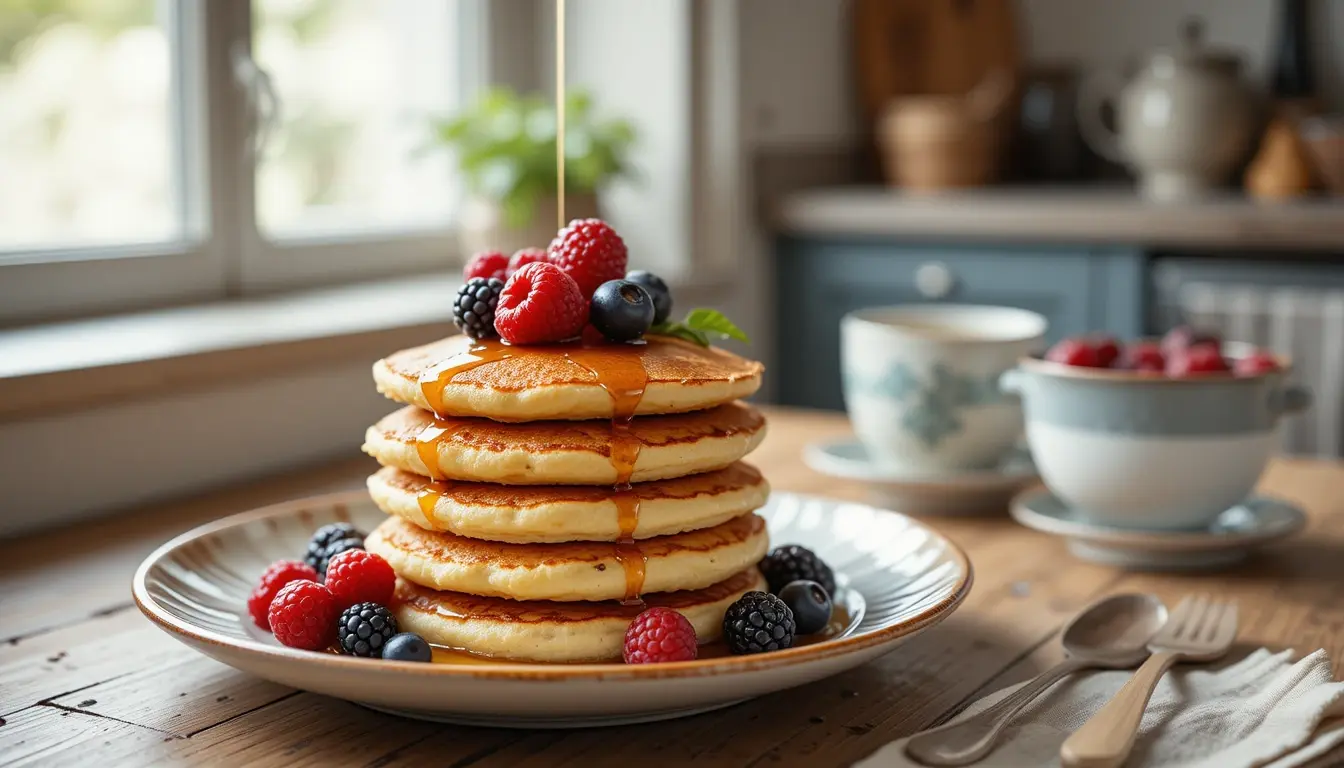 Cottage Cheese Pancakes: Simple, Fluffy, and Packed with Protein 4 cottage cheese pancakes served with syrup and jam