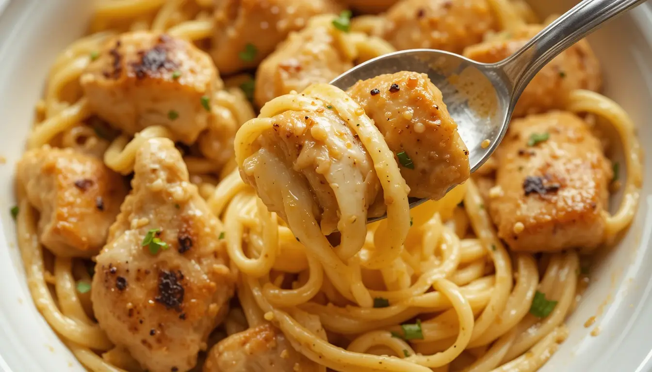 Cowboy Butter Chicken Linguine – A Bold Creamy Pasta You’ll Love Every Time 4 Close-up of cowboy butter chicken linguine with garlic butter sauce and spoon