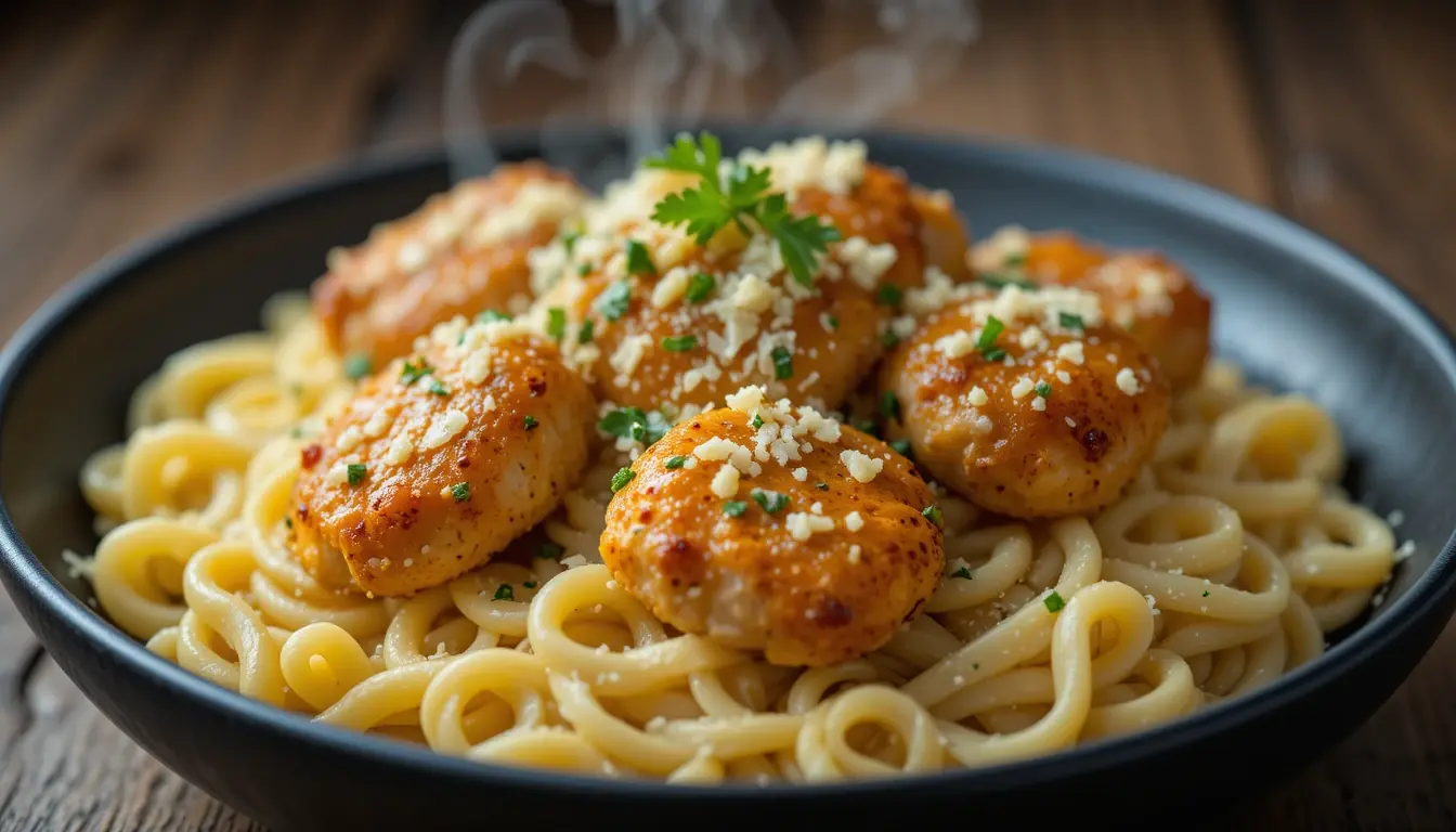 The Best Garlic Butter Chicken Bites with Creamy Parmesan Pasta 5 Garlic butter chicken bites served over creamy parmesan pasta