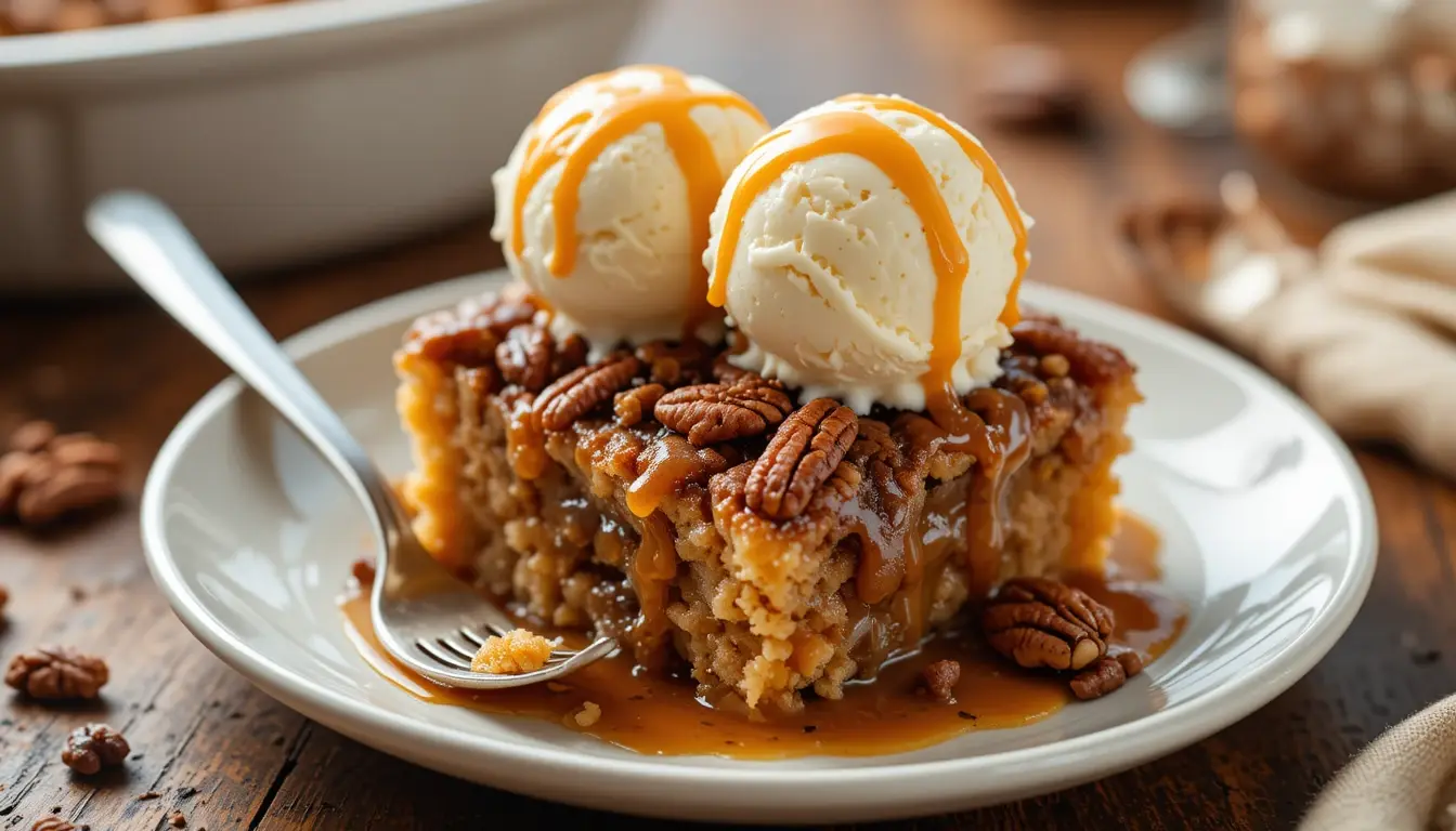 Easy Pecan Pie Dump Cake Recipe in rustic baking dish