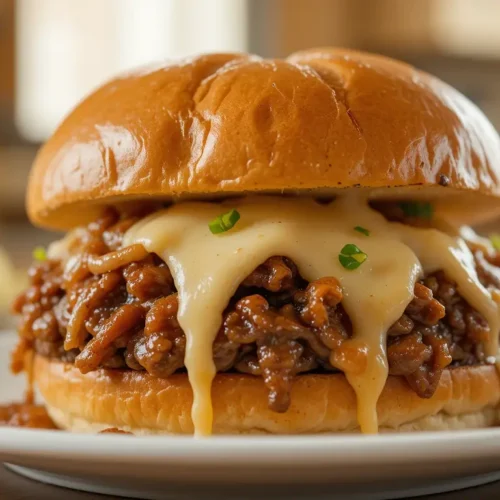 French Onion Beef Sloppy Joes – Simple, Cheesy, And Satisfying 2 Plated French onion beef sloppy joe with parsley garnish