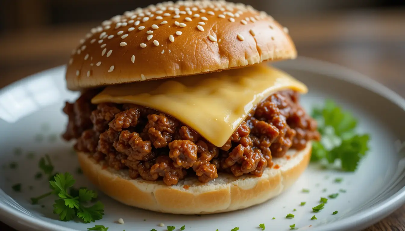 French Onion Beef Sloppy Joes – Simple, Cheesy, And Satisfying 1 French onion beef sloppy joes with melted Swiss cheese and brioche bun