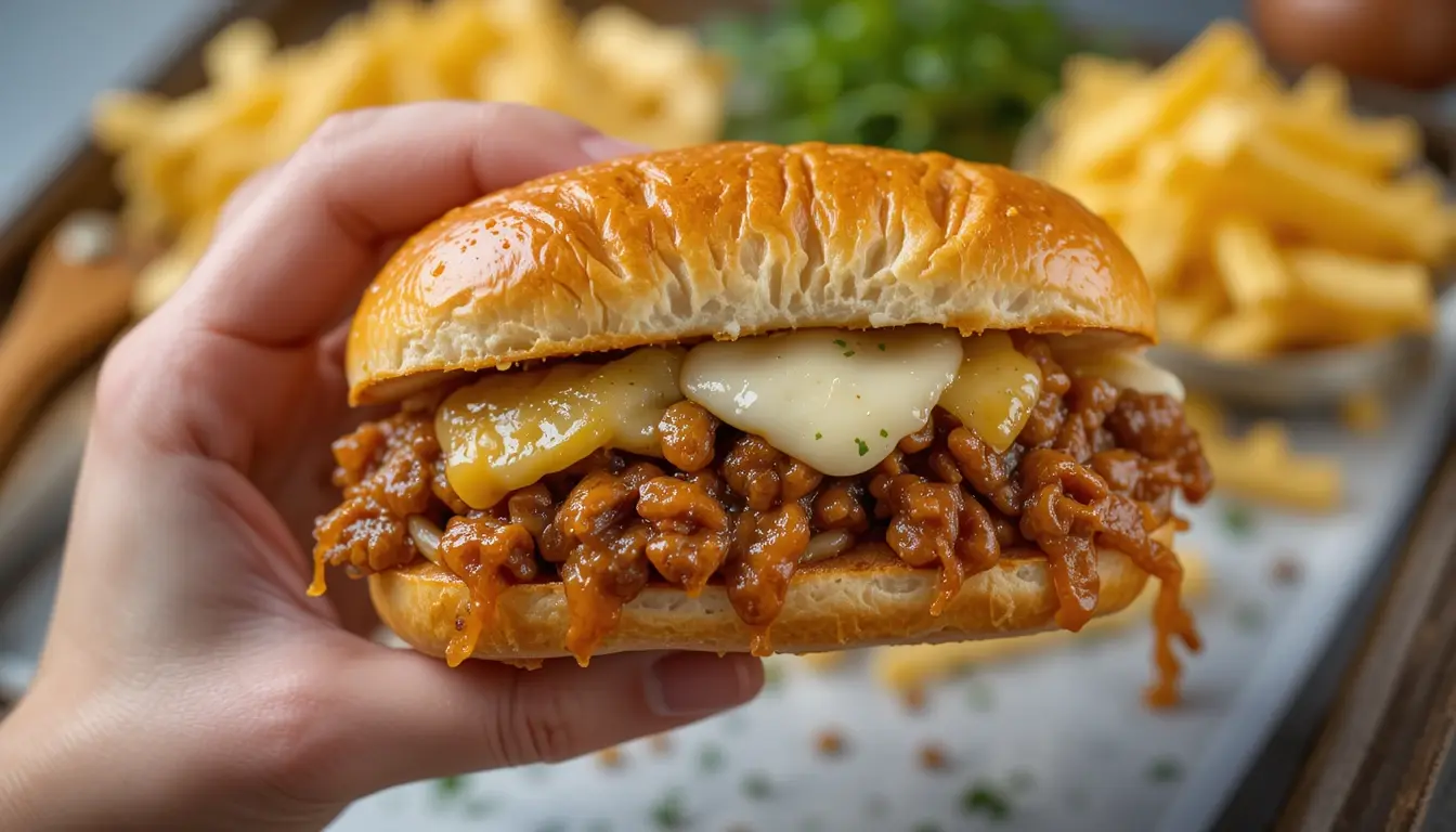 French Onion Sloppy Joe Recipe – Easy, Juicy & Better Than Classic 4 Hand holding a French onion sloppy joe sandwich with Swiss cheese