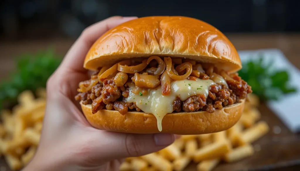 French onion sloppy joe recipe on a toasted brioche bun with caramelized onions