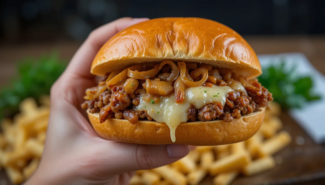 French Onion Sloppy Joe Recipe – Easy, Juicy & Better Than Classic 1 French onion sloppy joe recipe on a toasted brioche bun with caramelized onions