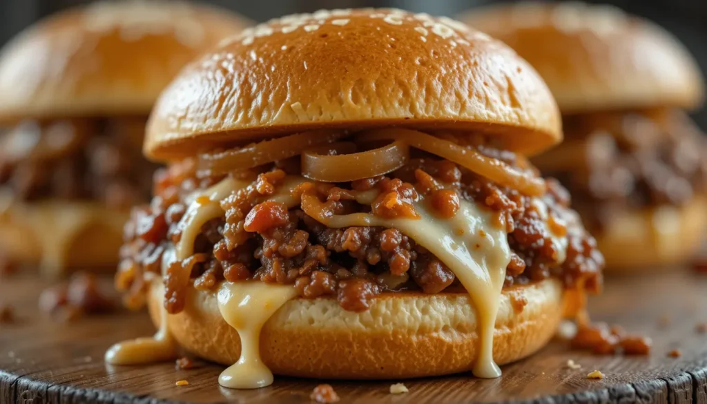 French onion sloppy joes close-up with caramelized onions and melted provolone on a toasted brioche bun
