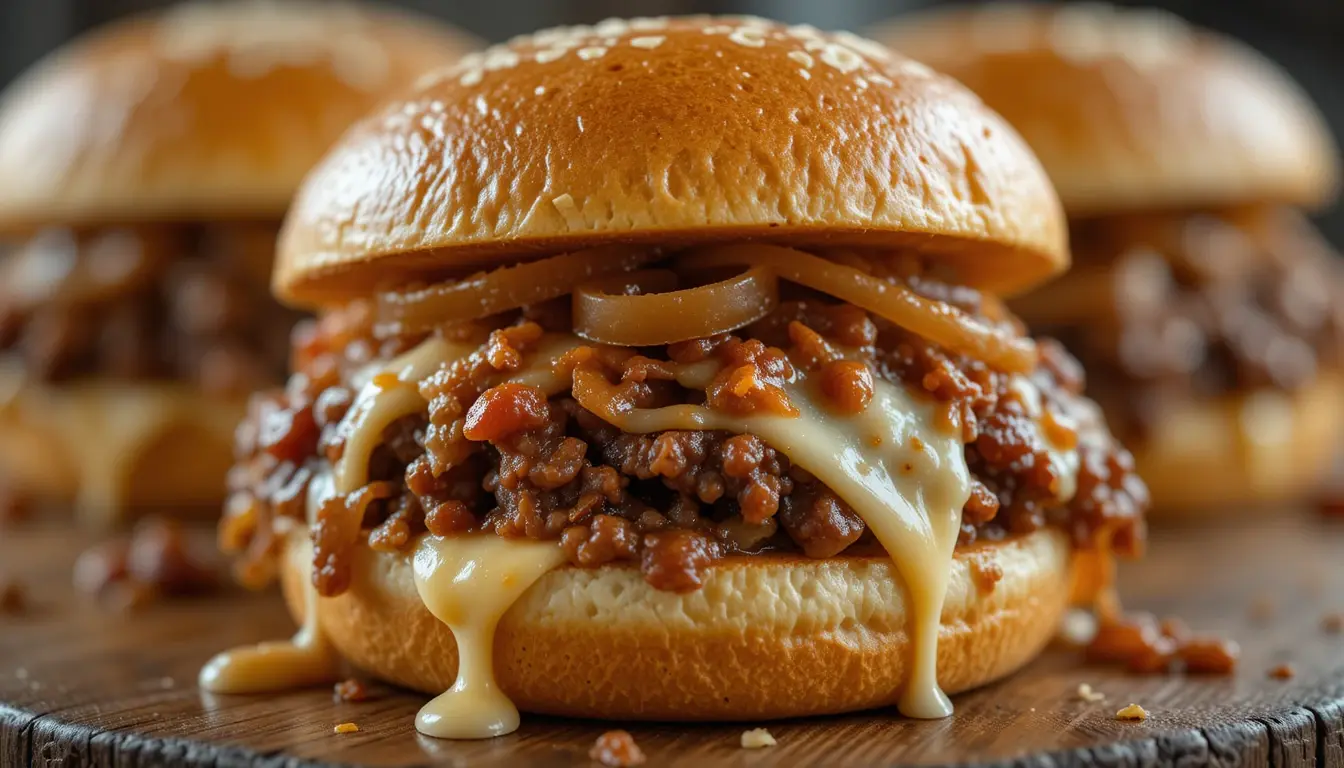 Make French Onion Sloppy Joes Tonight—Melty, Savory, And So Easy 1 French onion sloppy joes close-up with caramelized onions and melted provolone on a toasted brioche bun
