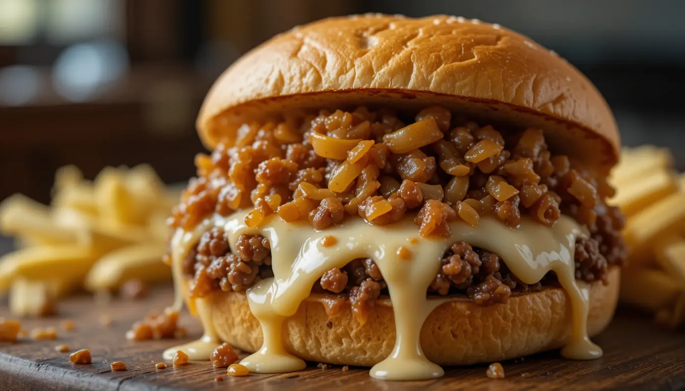 Make French Onion Sloppy Joes Tonight—Melty, Savory, And So Easy 4 Ingredients for french onion sloppy joes including beef, onions, provolone, broth, and spices